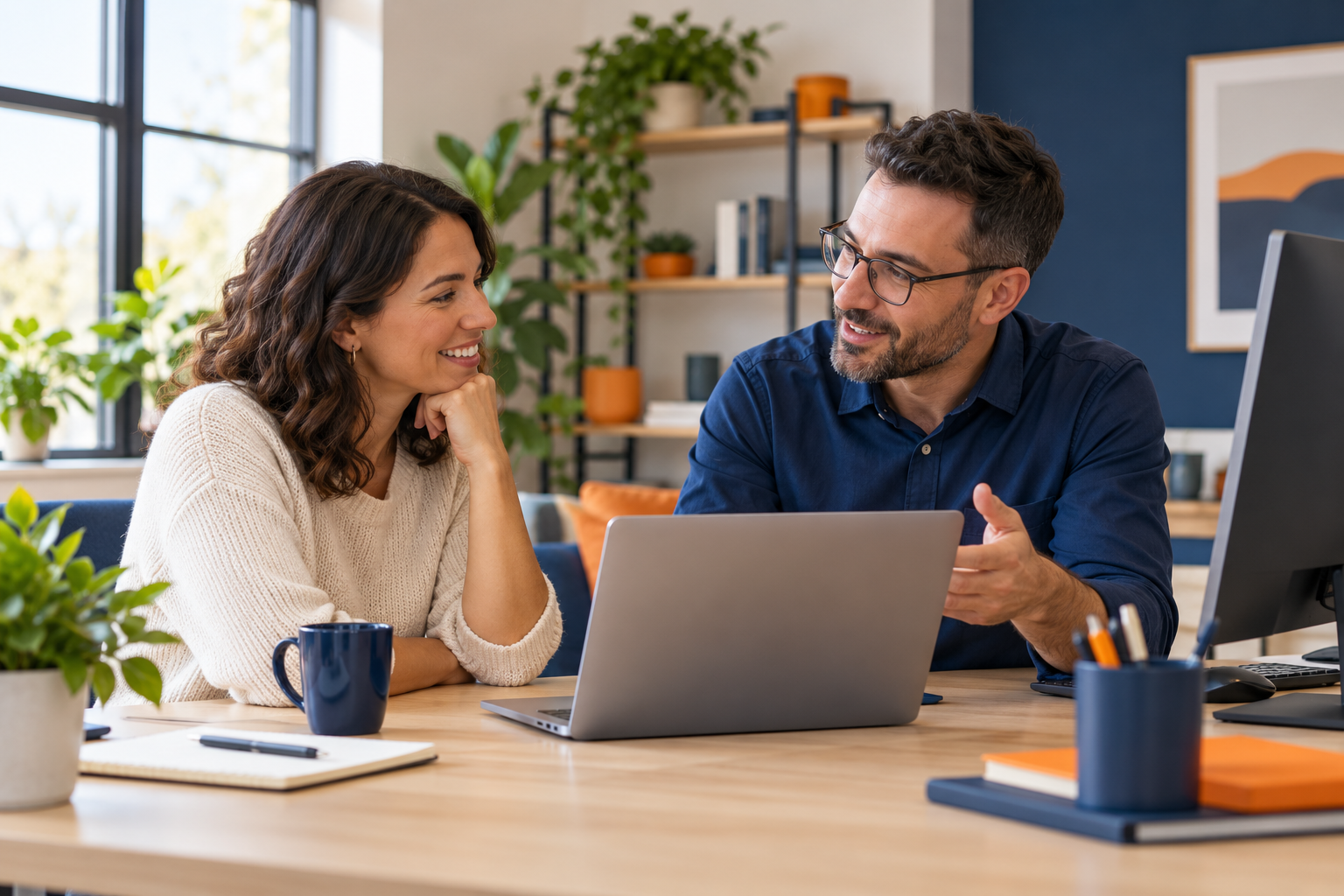 Illustration of a business owner discussing a website with a technical advisor